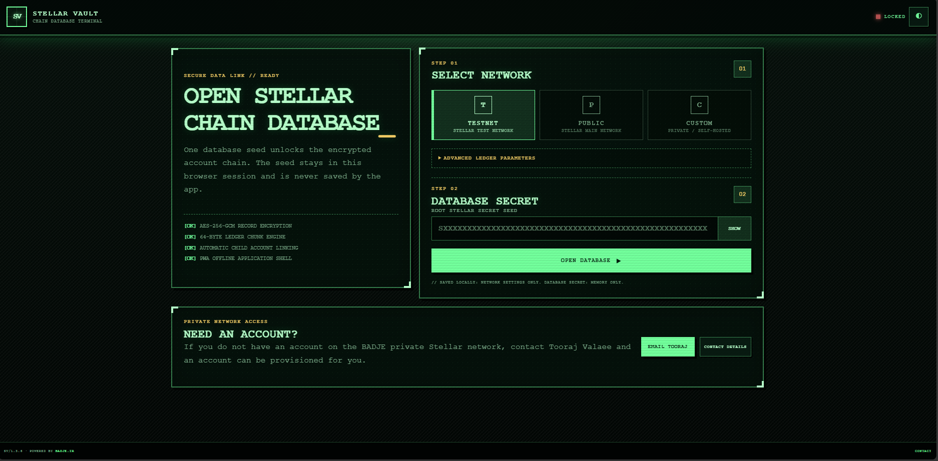 SVAULT desktop open-database screen